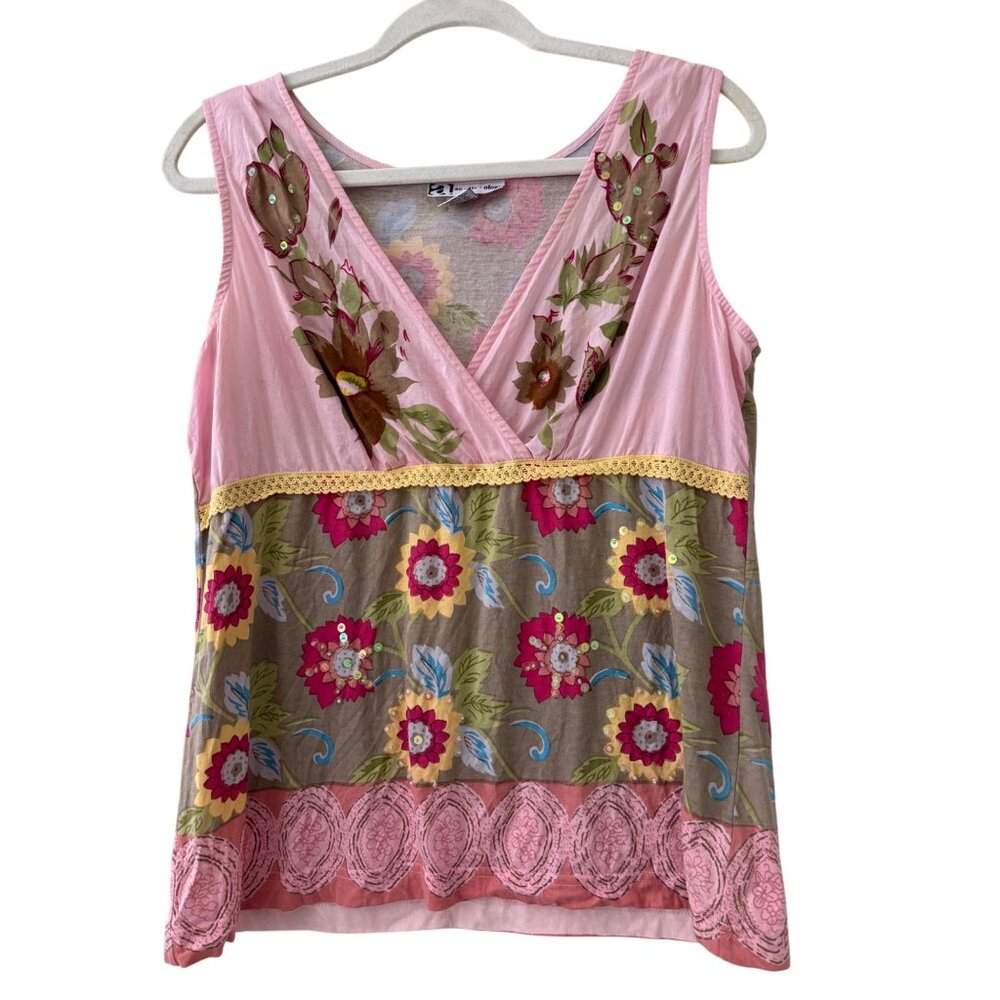 Vintage Activology Floral Embellished Cotton Tank Top With Sequin Details  Y2K